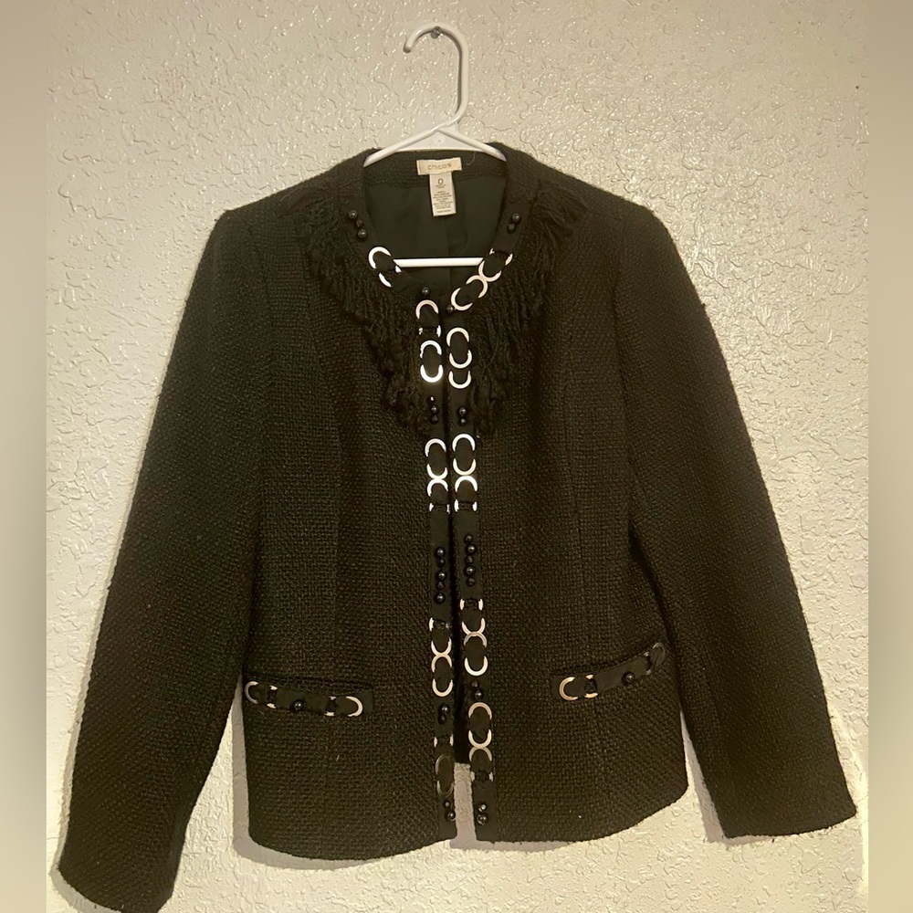 Chico's Boucle Black Fringe Embellished jacket, Wool Acrylic blend  Size 0
